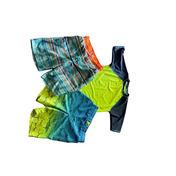 Lot of 3 Boys Large ZeroXposur Ocean Gear Swim Shirt & Trunks Blue Green Shark - Picture 1 of 11